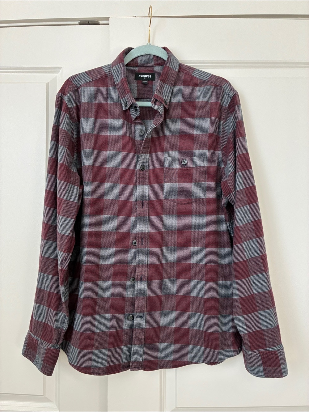 Express Men's Burgundy and Gray Plaid Button-Down Shirt
